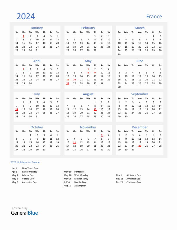 France calendar with holidays