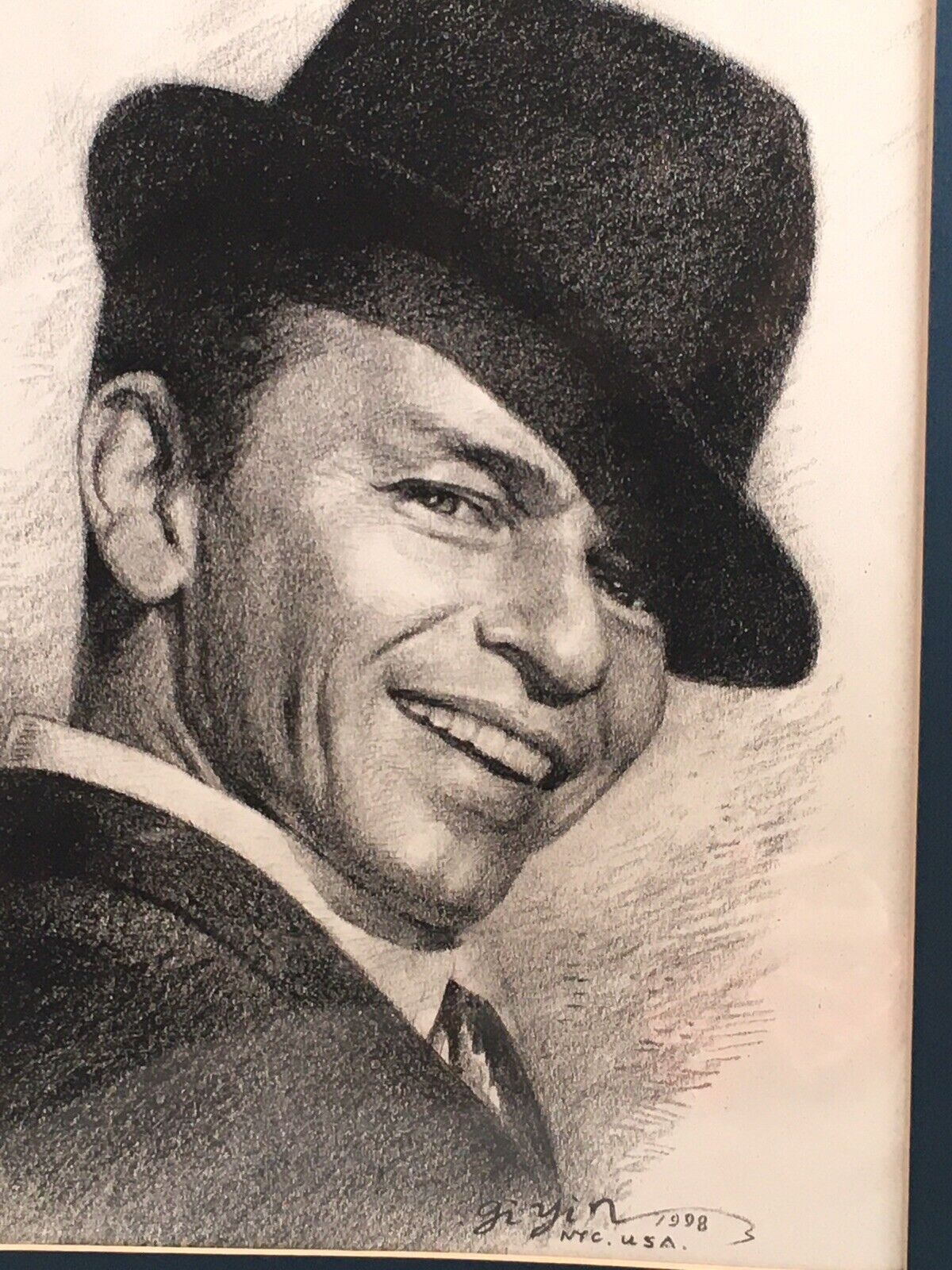 Frank sinatra drawing signed charcoal pencil matted x vtg art