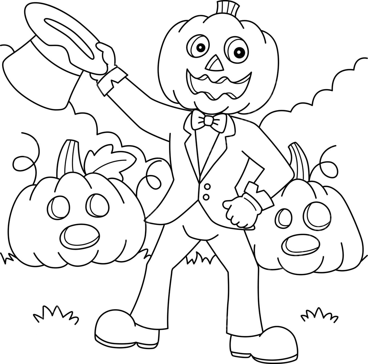 Halloween coloring page for kids featuring a man with a pumpkin head vector hand drawn silhouette toddler png and vector with transparent background for free download