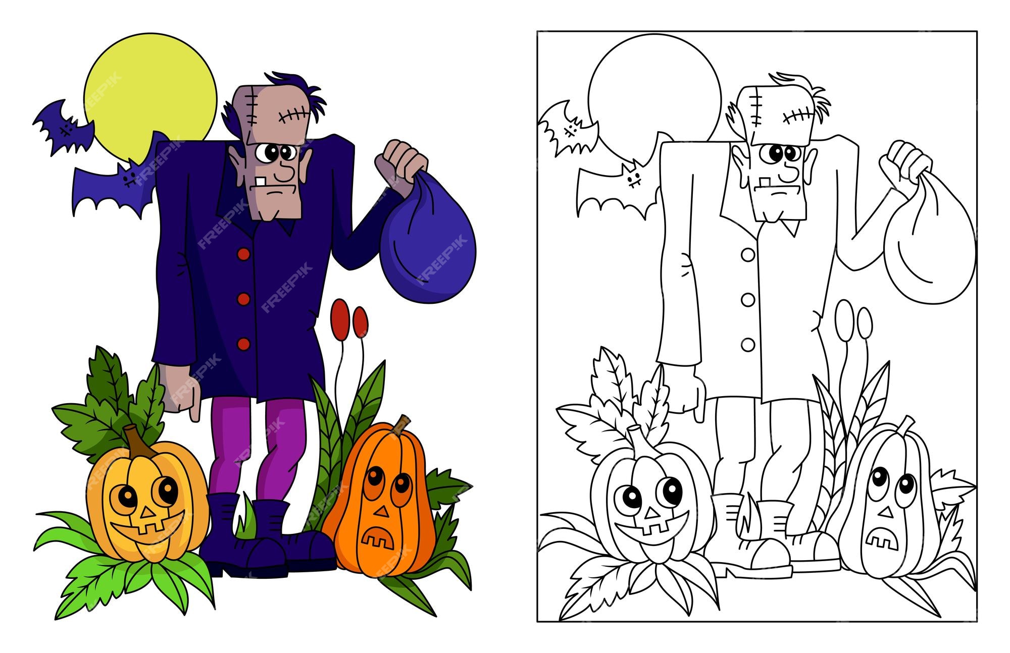 Premium vector frankenstein monster with pumpkins and bats on the moonlight artwork halloween coloring pages