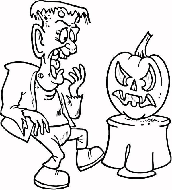 Frankenstein is scared of pumpkin coloring page