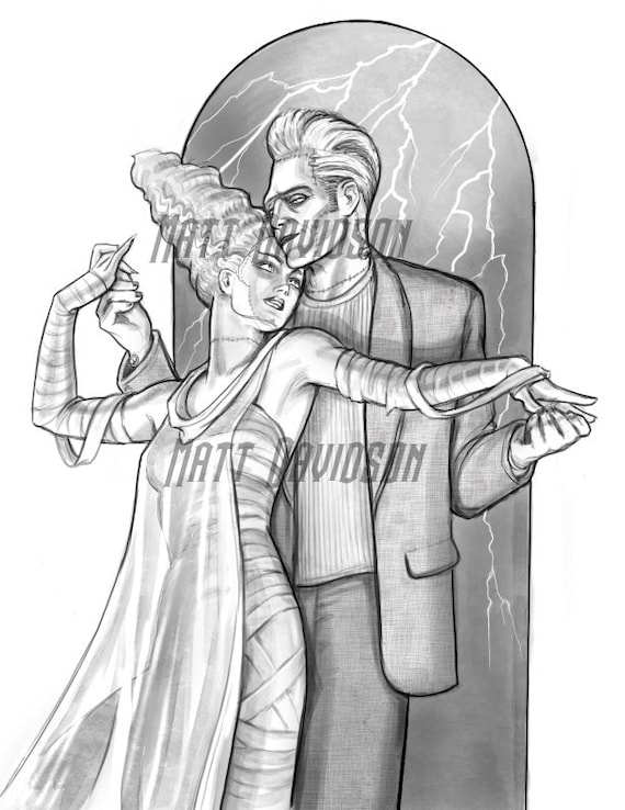 Coloring pages for adults bride of frankenstein halloween grayscale colouring for grown ups instant download printable