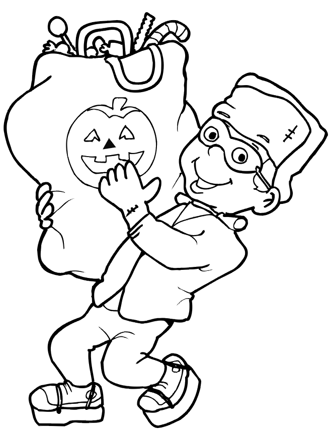 Frankenstein coloring page kid in costume with candy