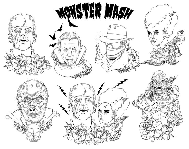 Classic monsters tattoo flash procreate stamp pack bundle brushes for ipad frankenstein dracula halloween horror designs