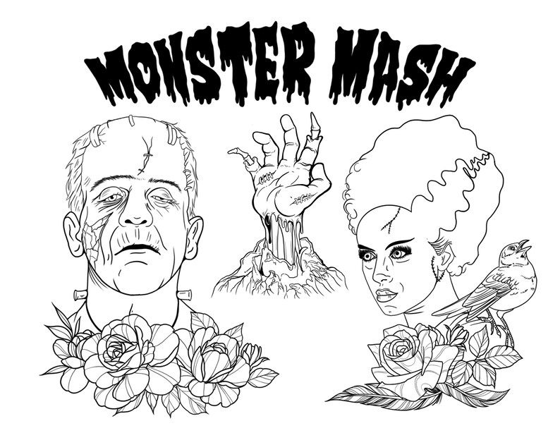 Classic monsters tattoo flash procreate stamp pack bundle brushes for ipad frankenstein dracula halloween horror designs