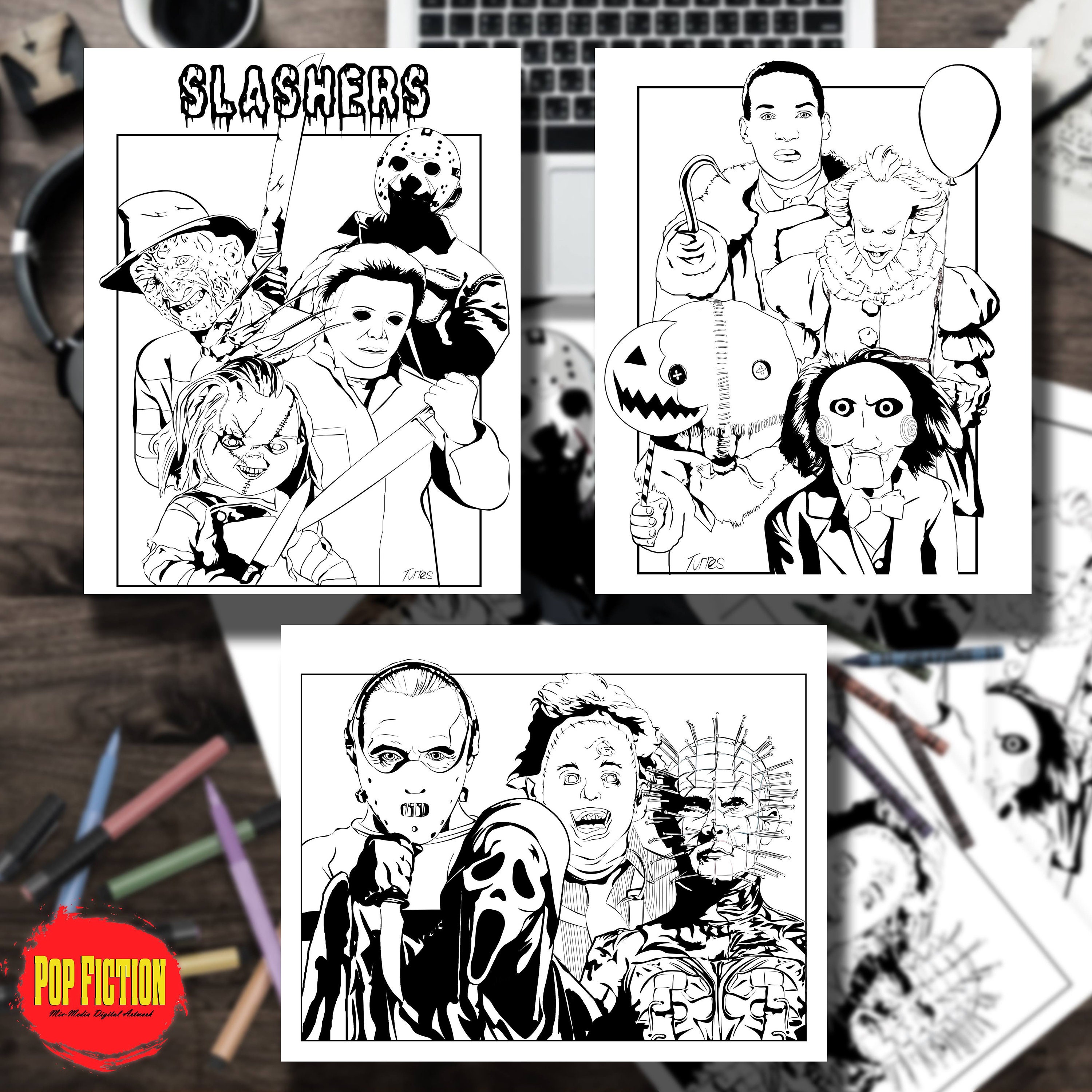 Coloring book downloadable slashers freddy kreuger jason vorhees ash williams books original artworks