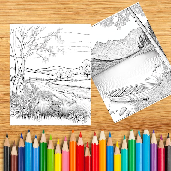 Buy landscape coloring pages vol mountains lakes and meadows printable pages of ai generated illustrations to bring to life online in india