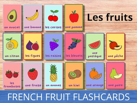 French fruit printable flashcards basic french vocabulary france classroom resource word cards learning french homeschool kids