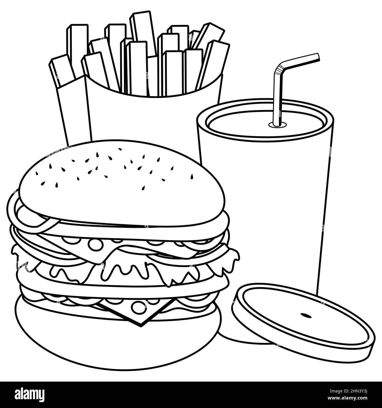 Fast food hamburger french fries and drink black and white coloring page stock photo