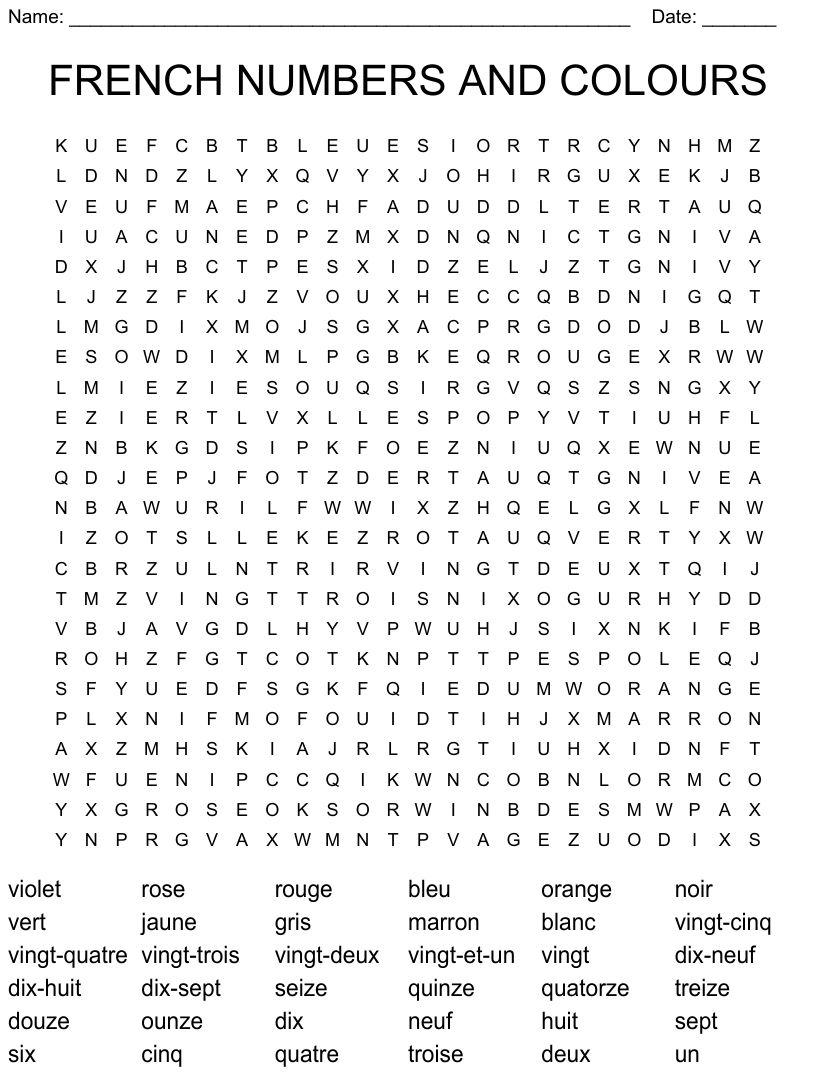 French numbers and colours word search