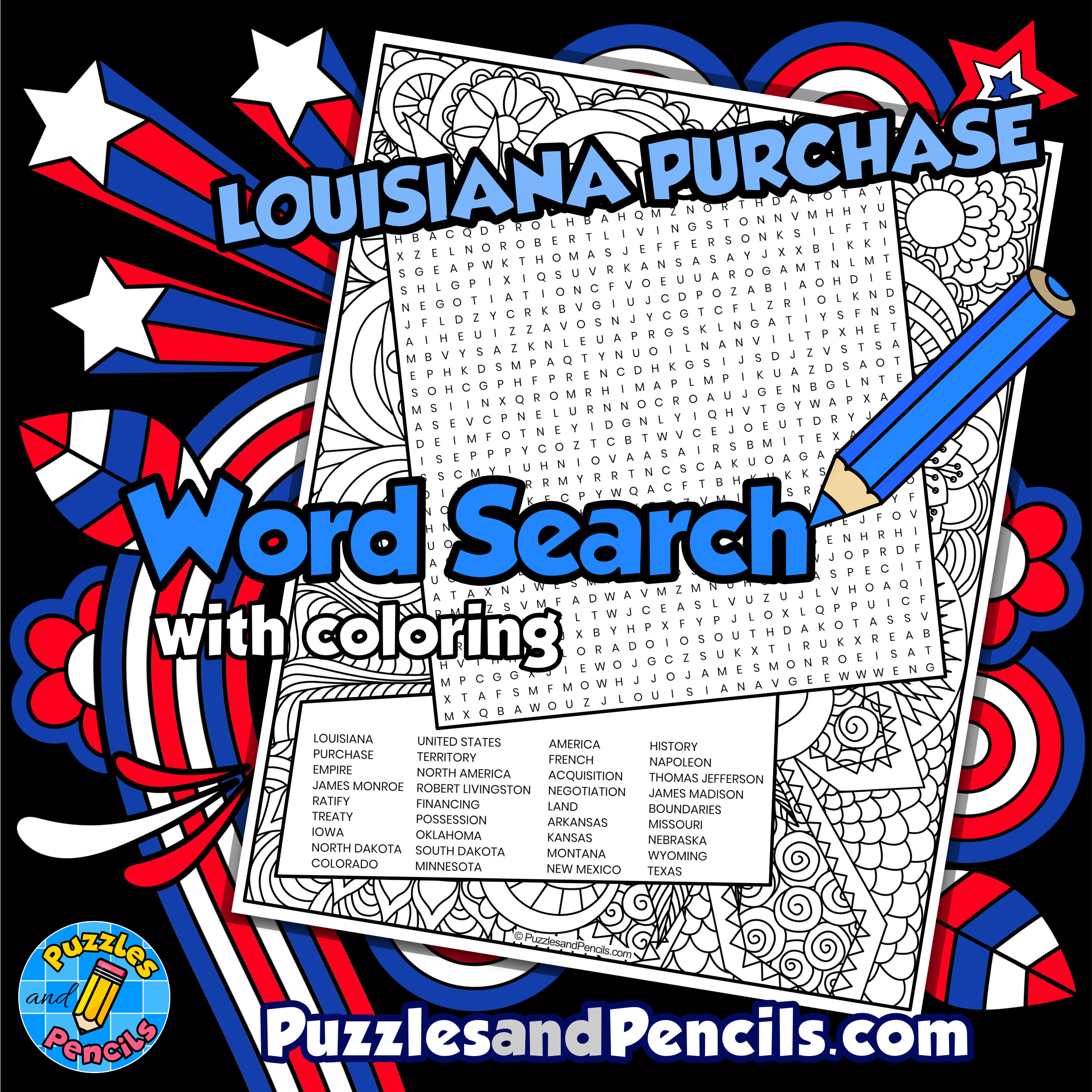 Louisiana purchase word search puzzle with coloring us history wordsearch made by teachers