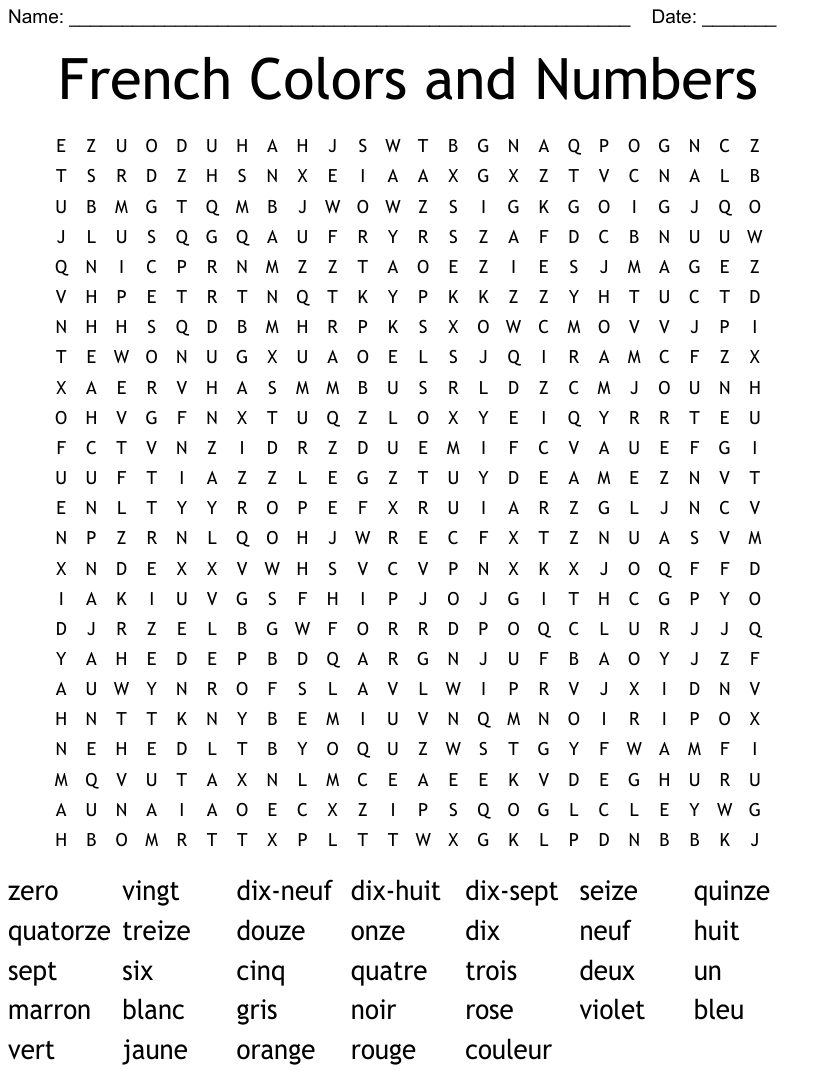 French colors and numbers word search