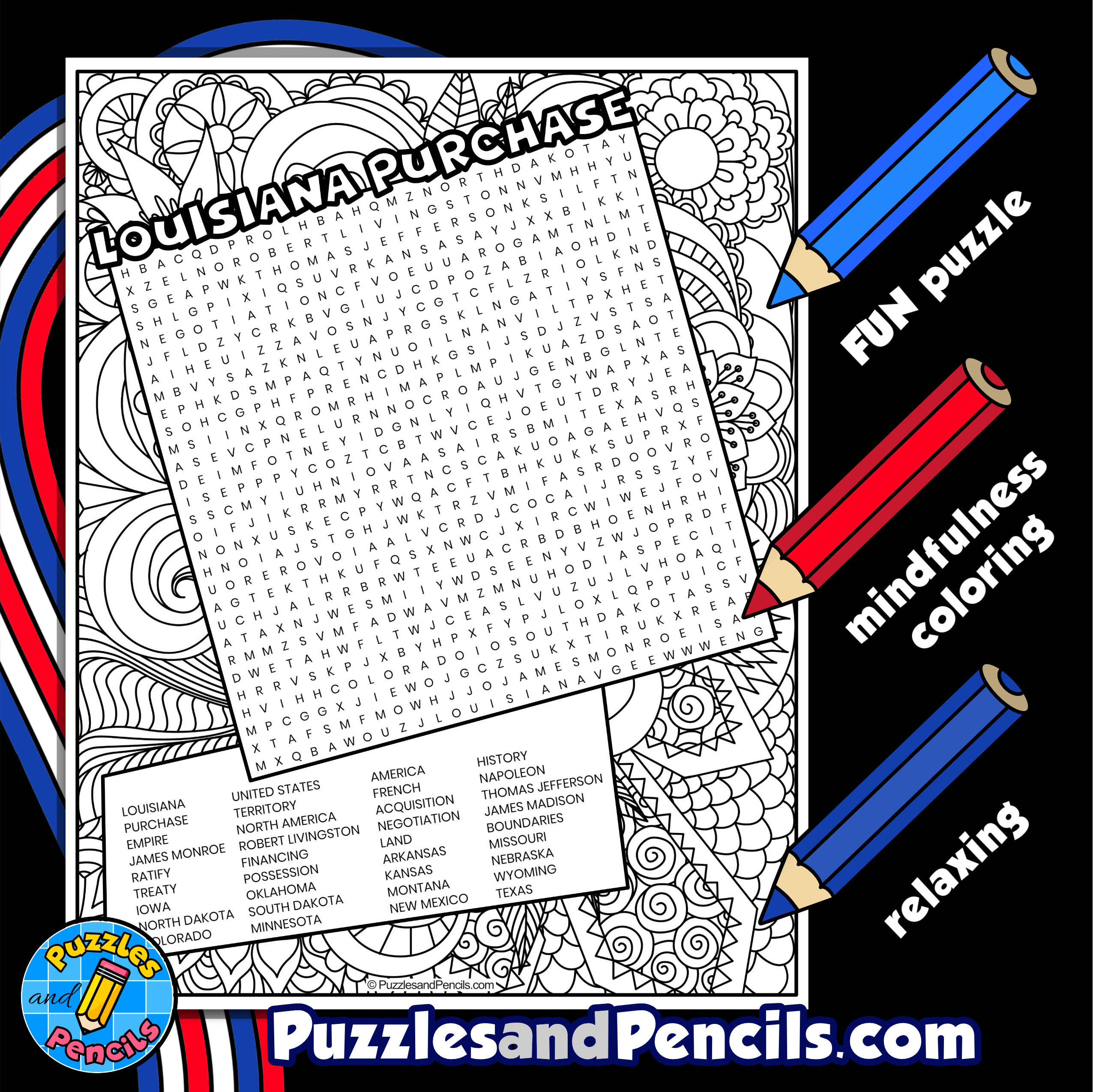 Louisiana purchase word search puzzle with coloring us history wordsearch made by teachers