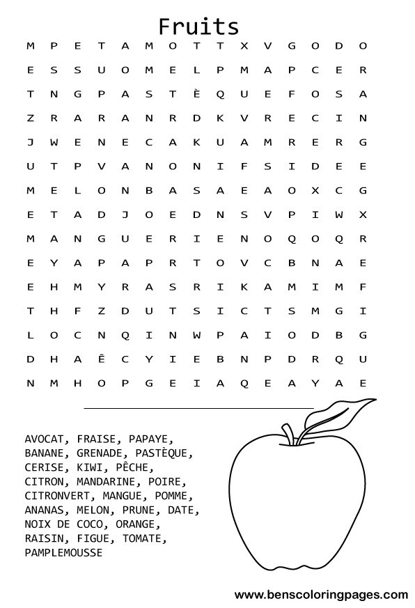 Fruits list word search in french