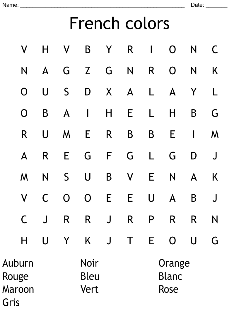 French colors word search