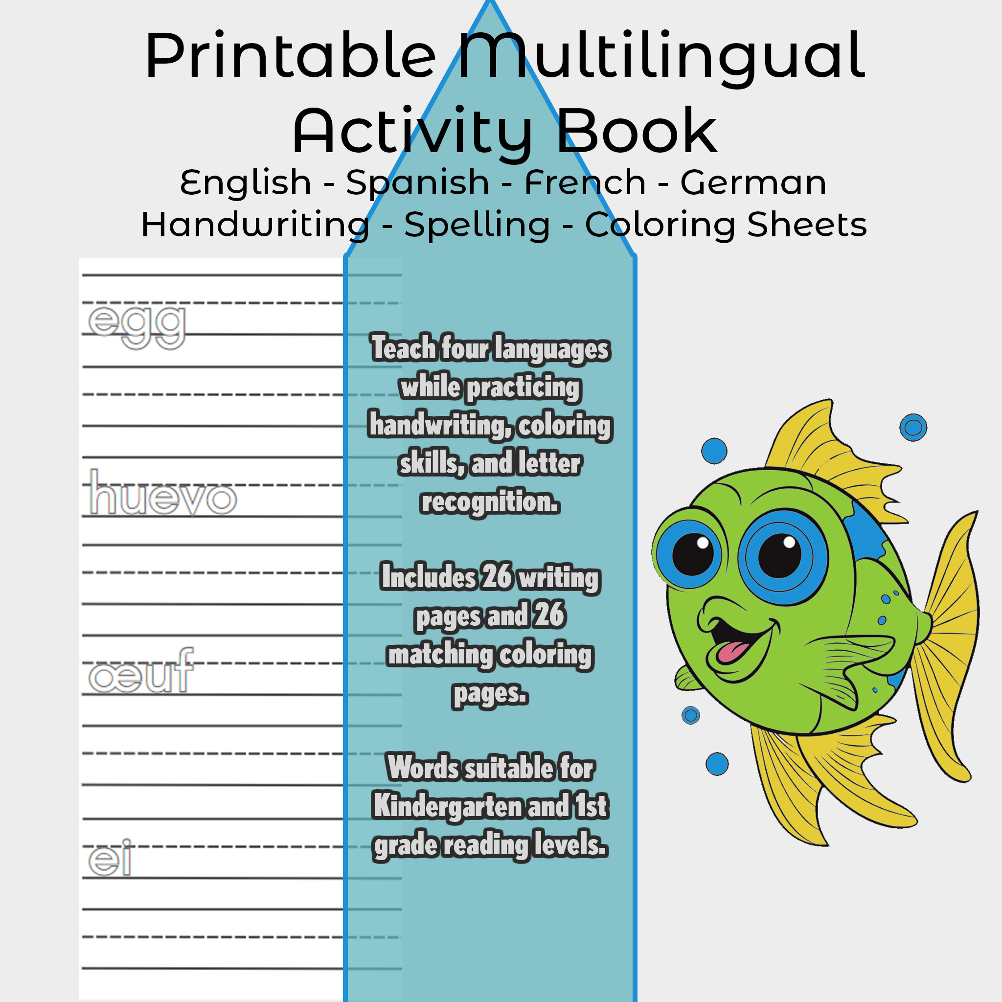 Letter recognition and writing skills in english spanish french german coloring sheets k and st skill level