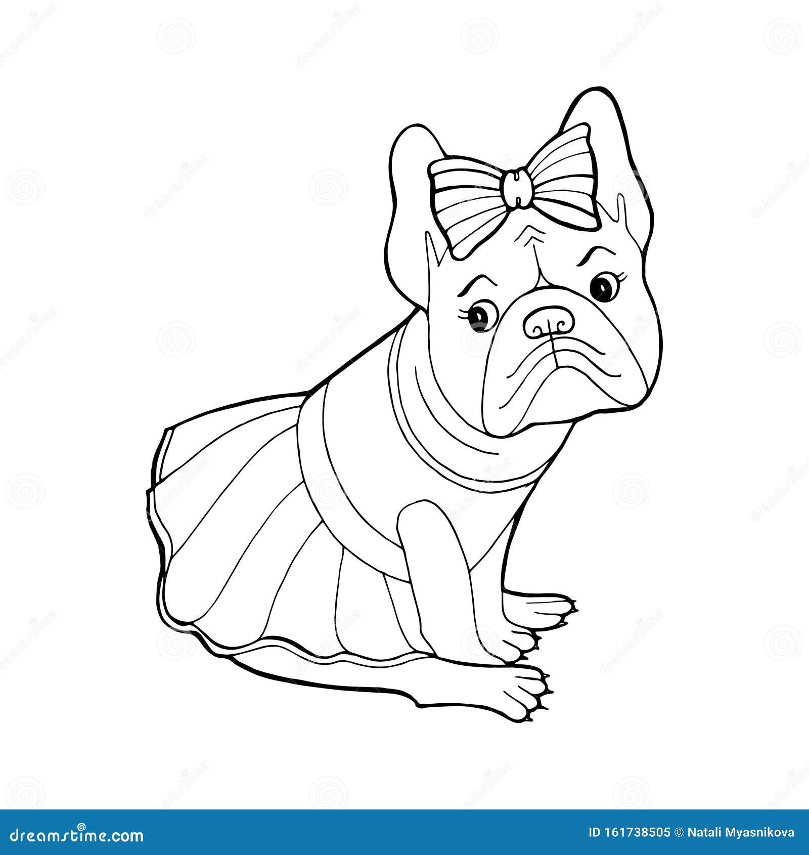 Beautiful dog in a dress and with a bow coloring book page purebred puppy french bulldog vector illustration for a stock vector