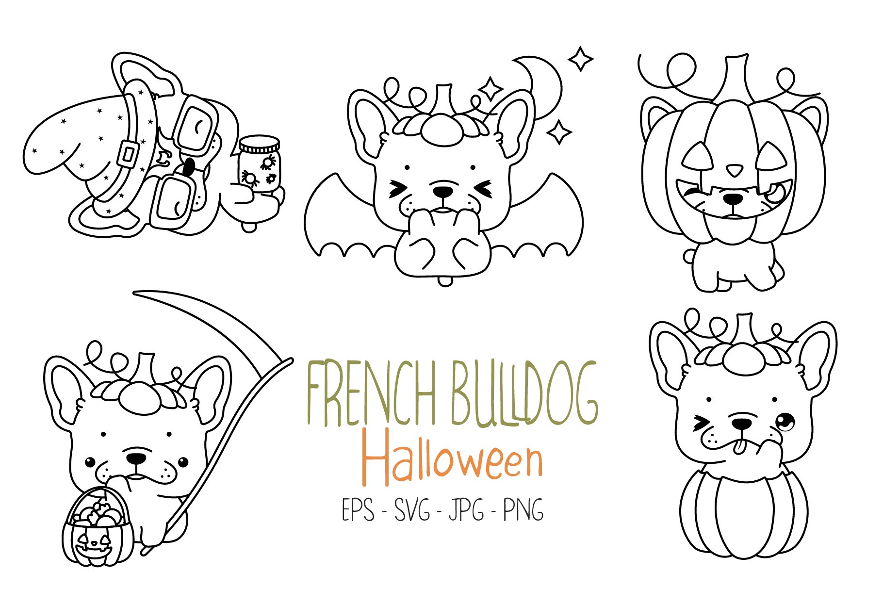 Set halloween french bulldog coloring page