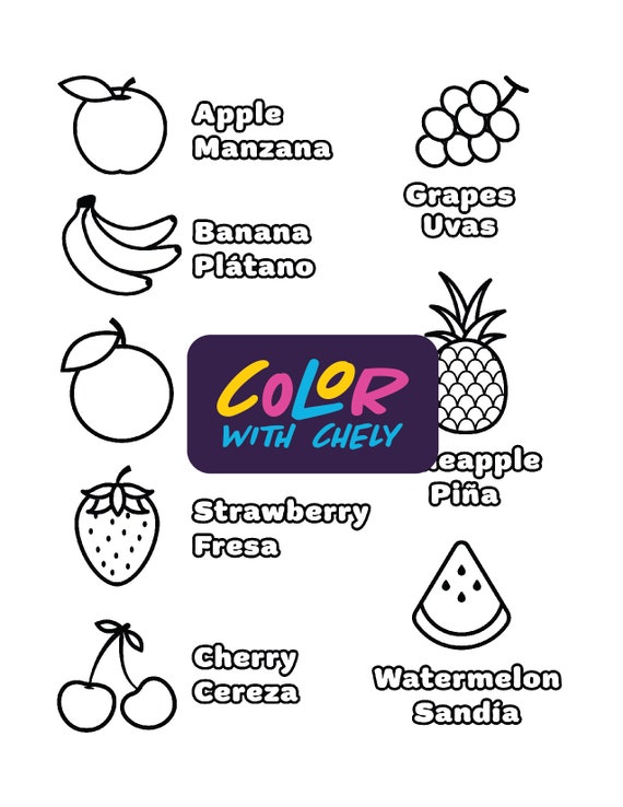 Fruits in spanish coloring page instant download learn the fruits in spanish download now
