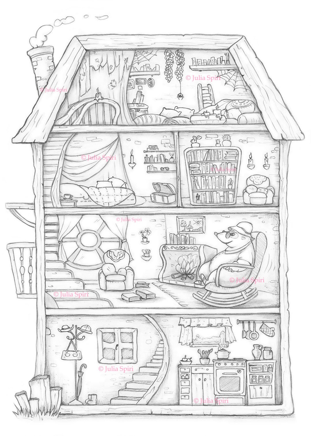 Coloring page digital stamp digi home mouse kitchen bedroom loft library whimsy line art mole house instant download