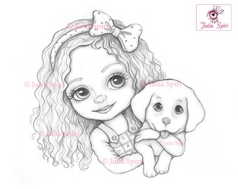 Cute girl coloring page digital stamp digi dog doggy doggie pet fantasy crafting scrapbooking card whimsy leslie and puppy