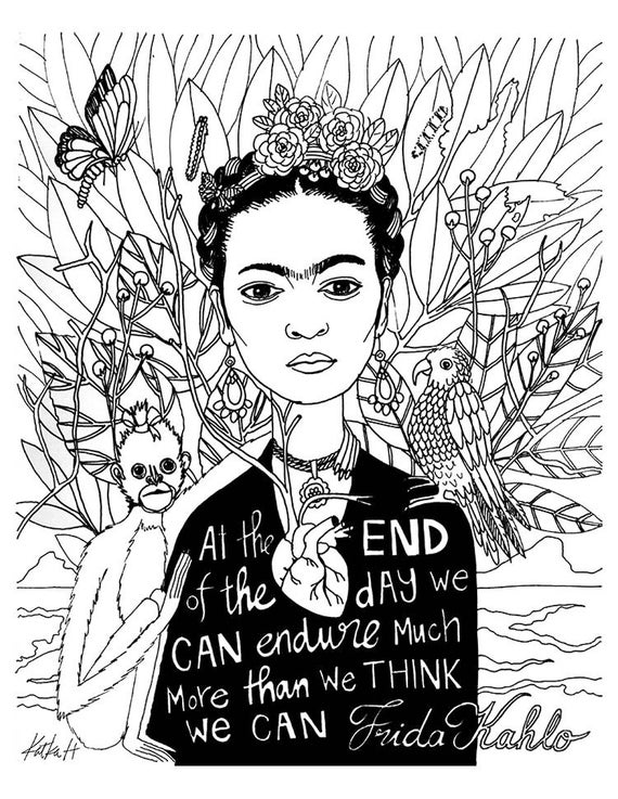 Frida kahlo coloring book page black and white lineart instant download printabledigital illustration adult coloring