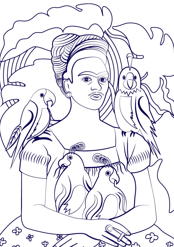 Frida kahlo and her parrots colouring page by loredana codau