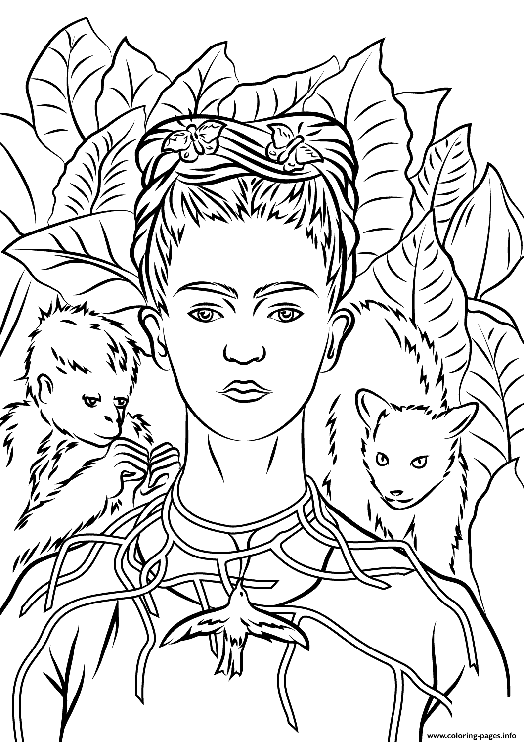 Print self portrait with necklace of thorns by frida kahlo coloring pages kahlo paintings frida kahlo paintings coloring pages