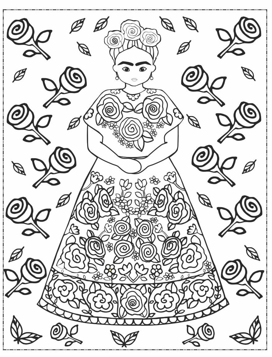 Frida kahlo coloring page for school age kids colouring sheets for adults digital download printable adult coloring page frida kahlo