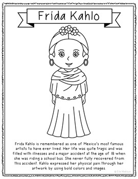 Frida kahlo famous artist coloring page activity art history worksheet