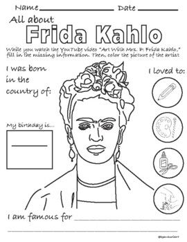 Frida kahlo coloring page worksheet frida kahlo coloring pages middle school art projects