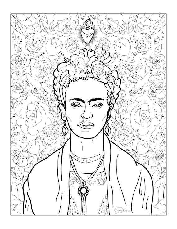 Frida kahlo art print adult coloring sheet instant download printable print