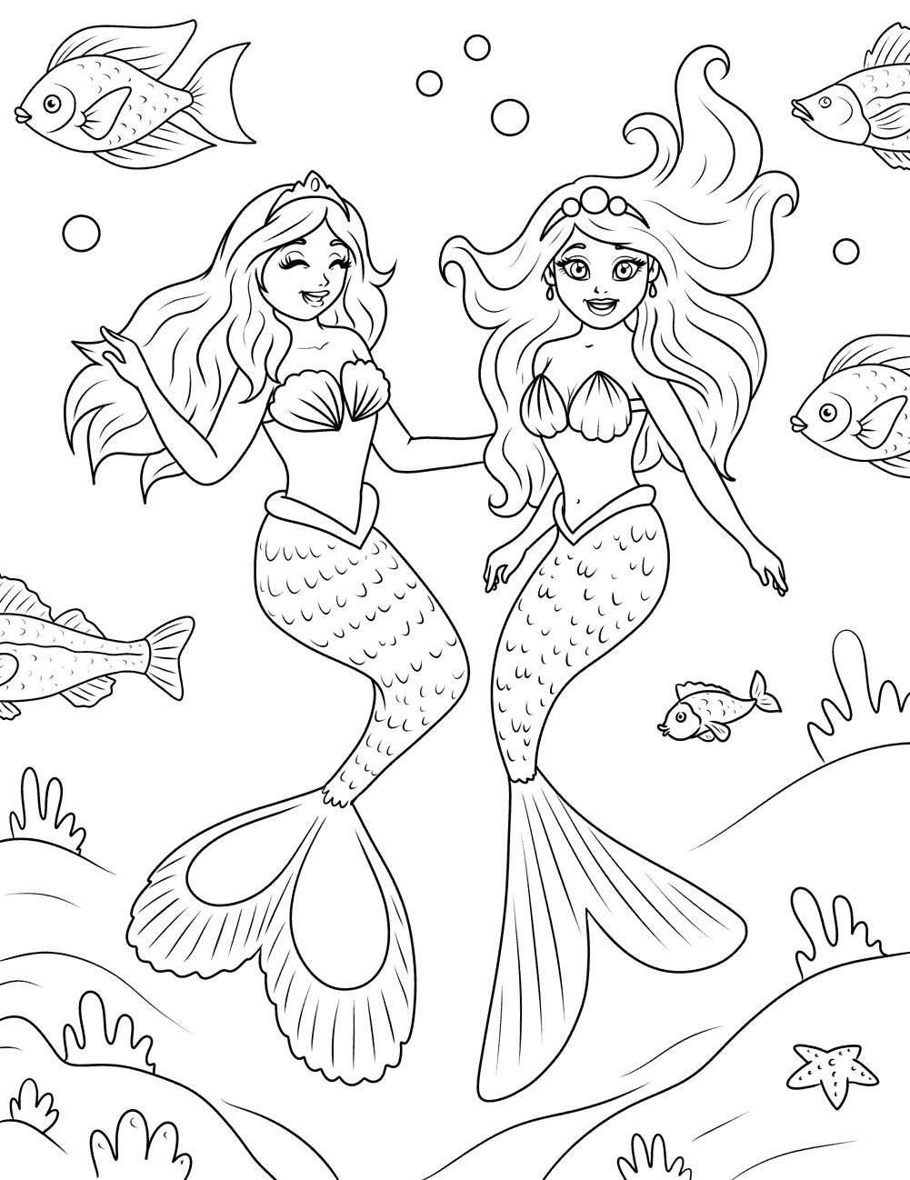 Mermaid friends coloring page