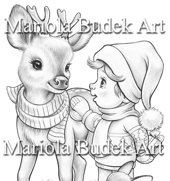 Forest friends mariola budek coloring page printable adult kids cute animal christmas colouring pages instant download grayscale pdf