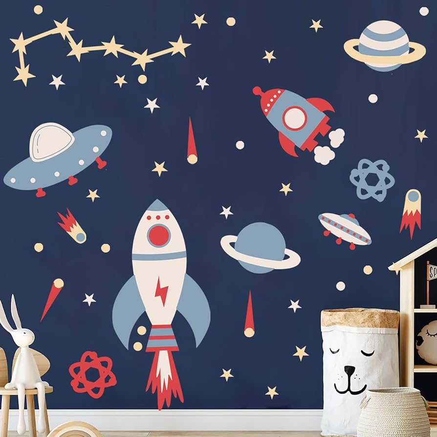 Space wall decal stickers rocket planets wall decals peel and stick stars wall sticker removable vinyl decals space room wall decor for nursery kids room girls boys bedroom playroom wall decor