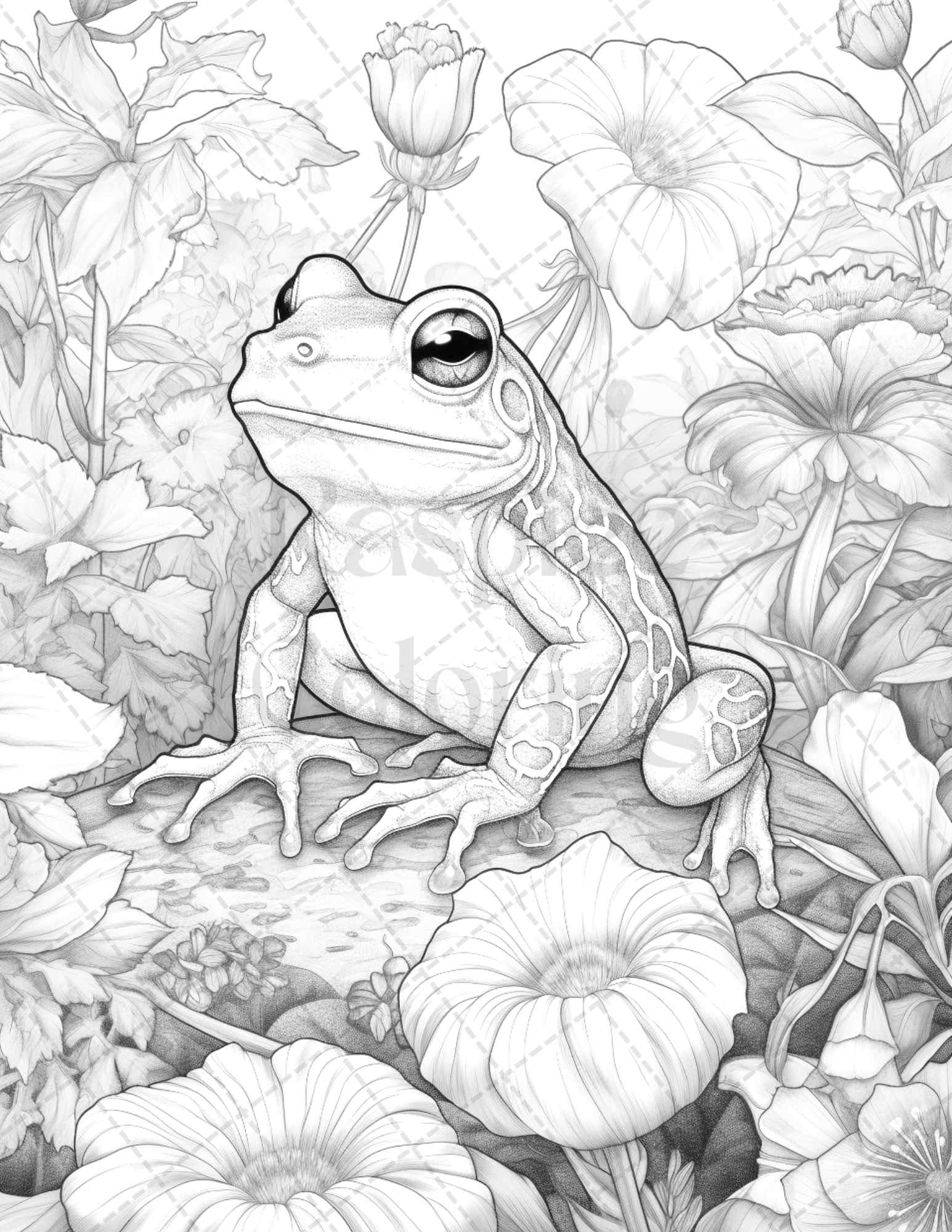 Cottagecore frog grayscale coloring pages printable for adults pdf â coloring