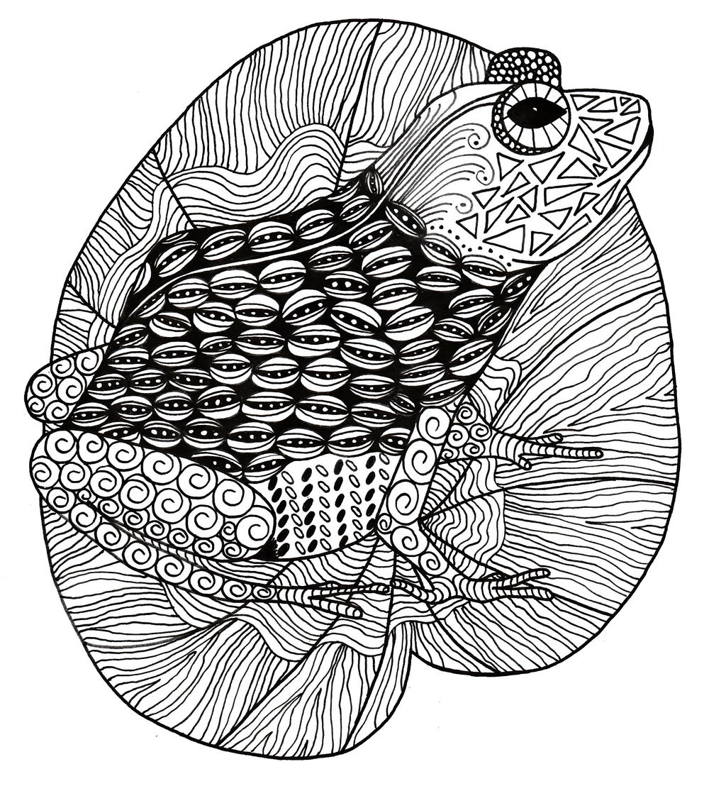 Intricate zentangle frog adult coloring page