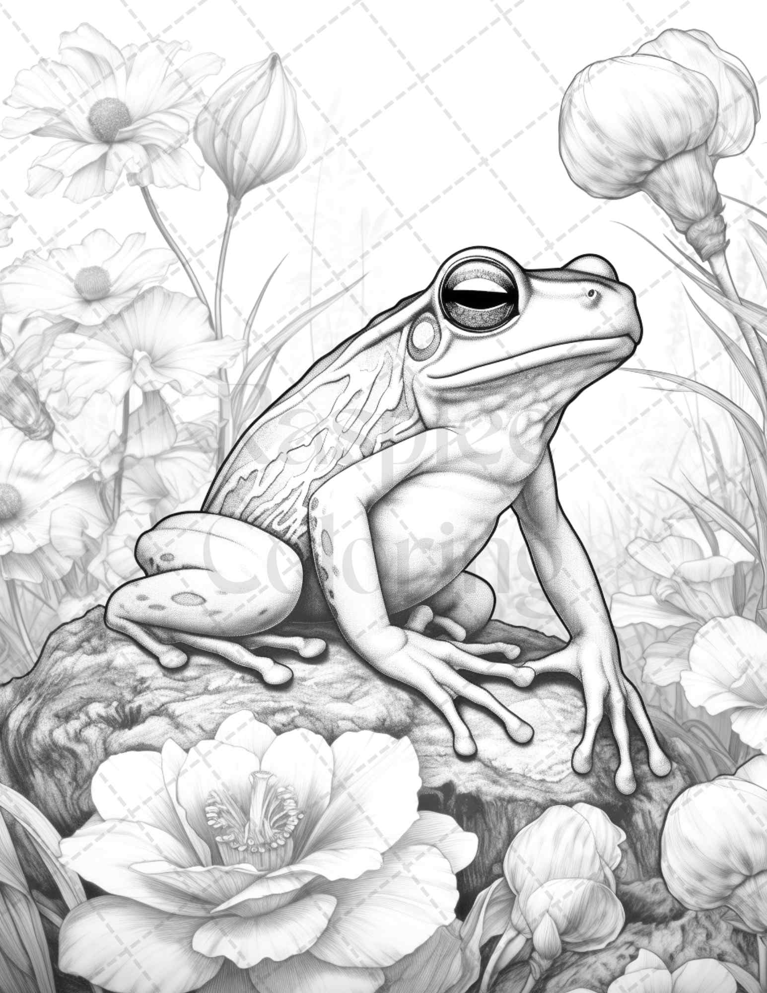 Cottagecore frog grayscale coloring pages printable for adults pdf â coloring