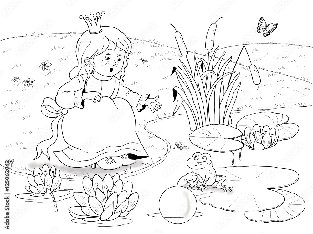 The frog prince fairy tale a little cute princess is asking a frog to catch her golden ball from the pond illustration for children coloring book coloring page cartoon character illustration