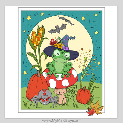 Halloween frog on a mushroom coloring page c