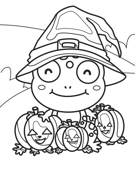 Premium vector halloween frog with witch hat cartoon coloring for kids and adult activity