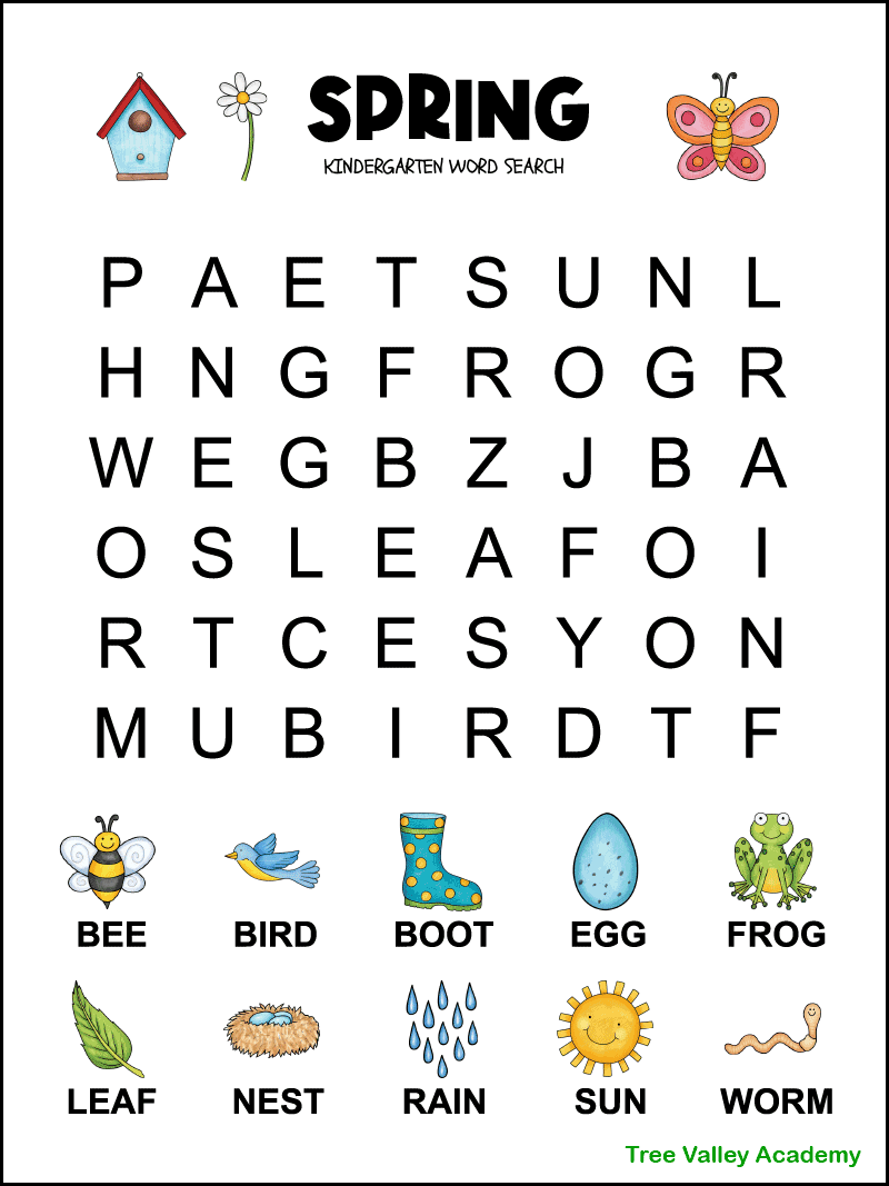 Spring word search for kindergarten