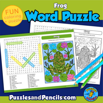 Frog word search puzzle and coloring activity page by puzzles and pencils