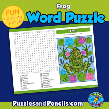 Frog word search puzzle and coloring activity page by puzzles and pencils