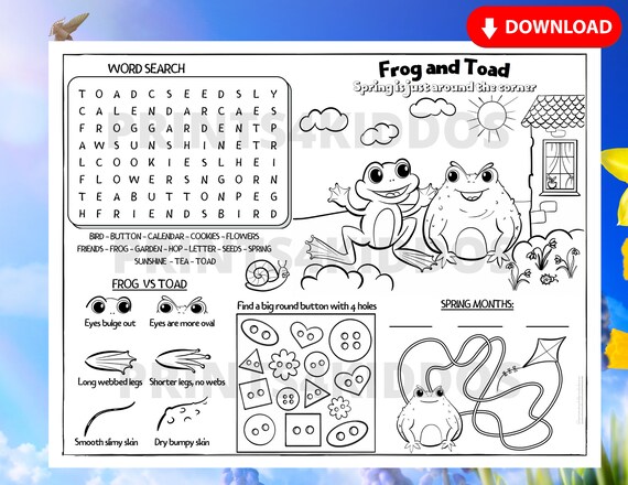 Frog and toad coloring page story time activity mat arnold lobel spring coloring placemat instant download pdf printable