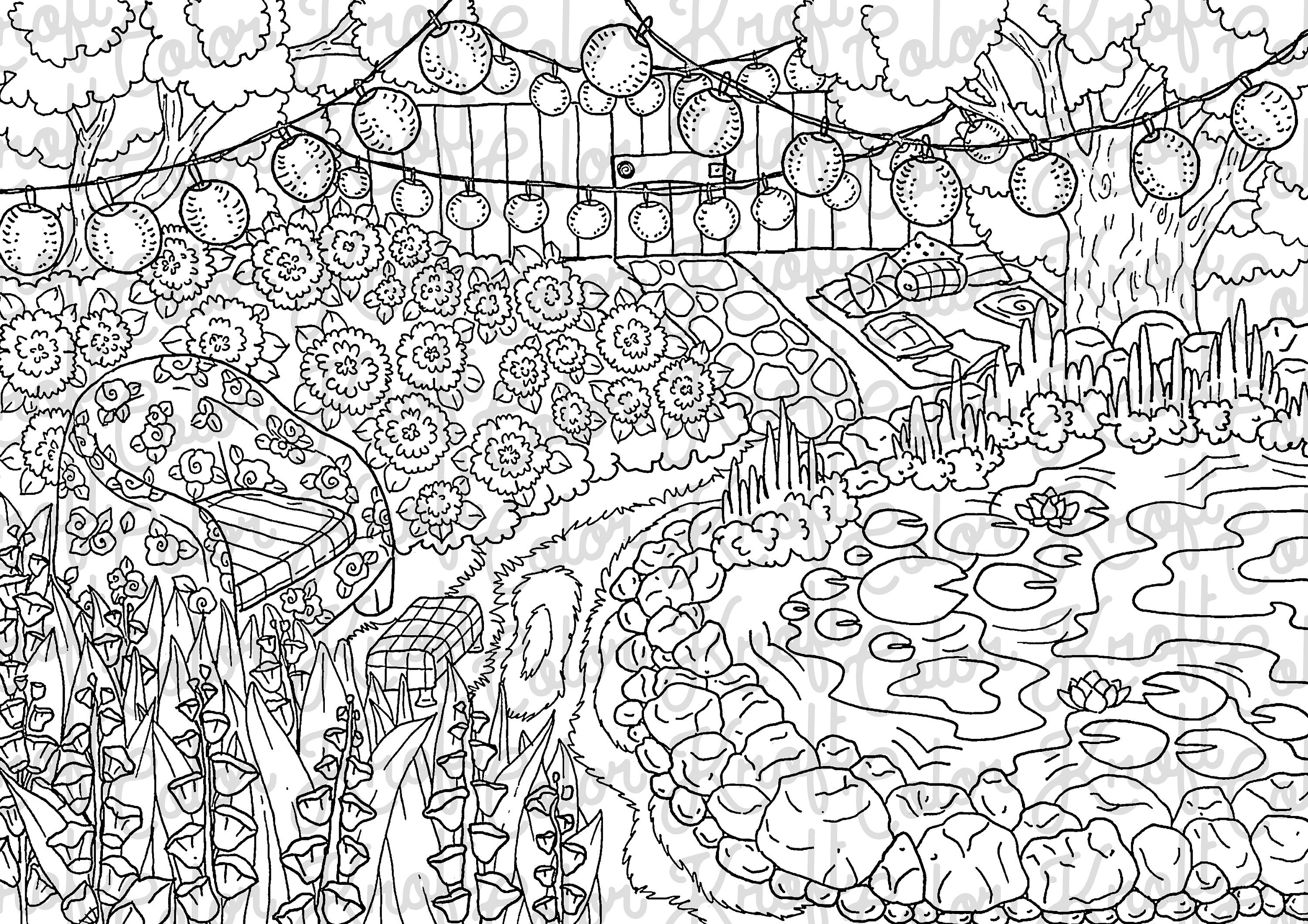 Backyard paradise and pond coloring page printable digital download coloring