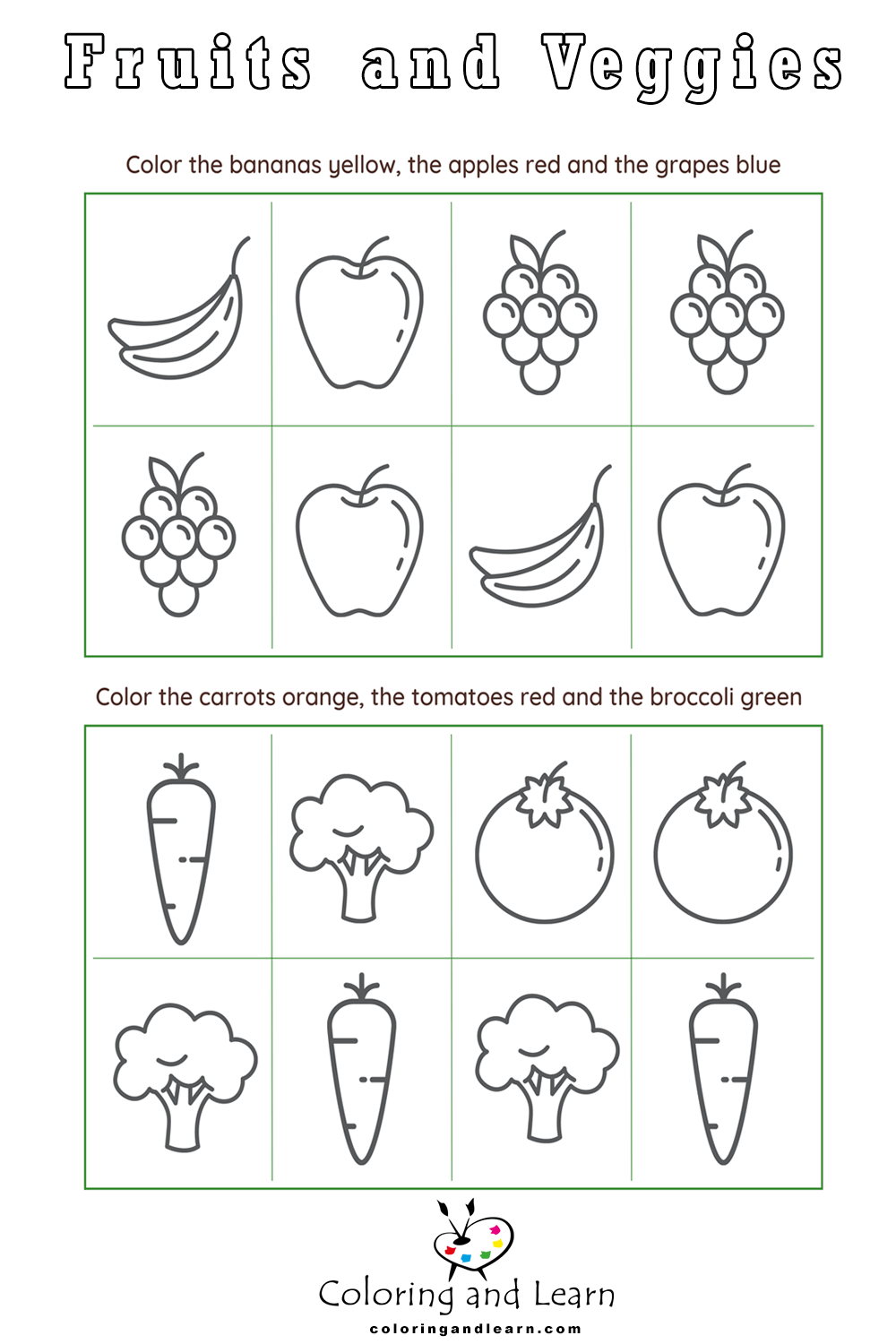 Preschool fruit and veggies coloring pages