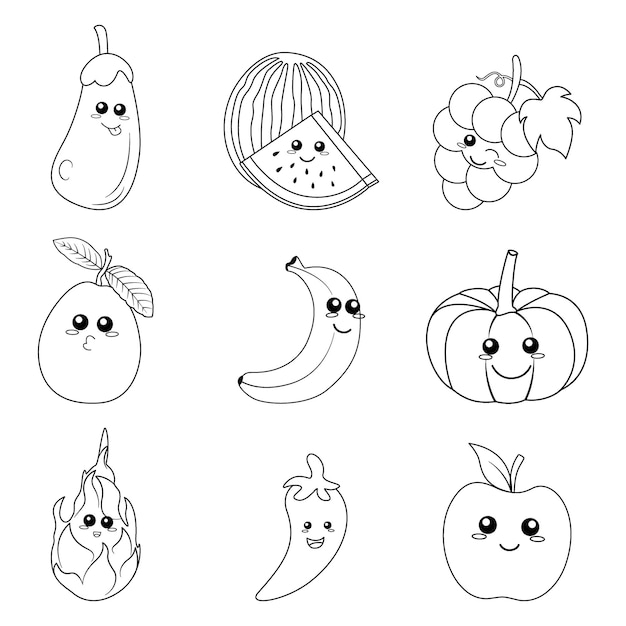 Premium vector cute fruits and vegetable coloring page for kids