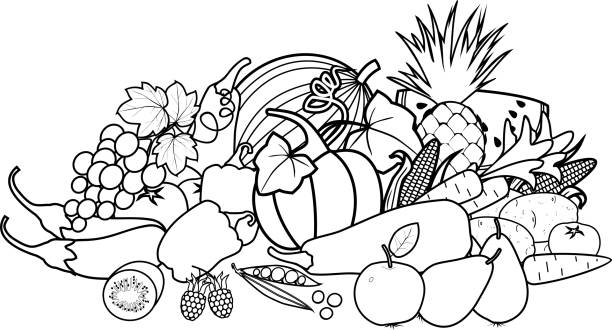 Coloring page position of different vegetables and fruits isolated on white background stock illustration