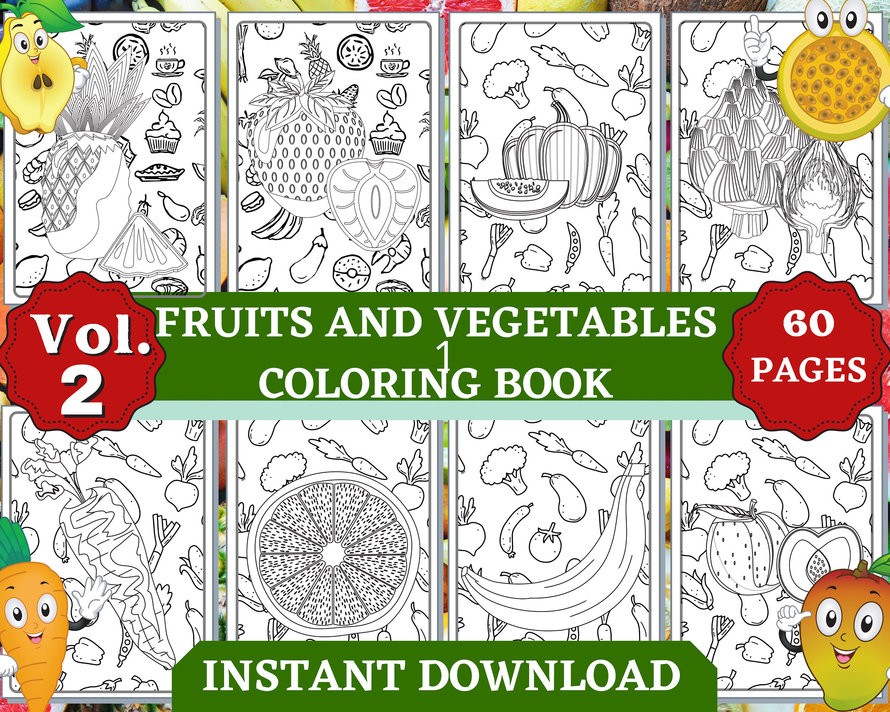 Fruits and vegetables coloring pages instant download color fruit and vegetables kids activity printable coloring pages for kids
